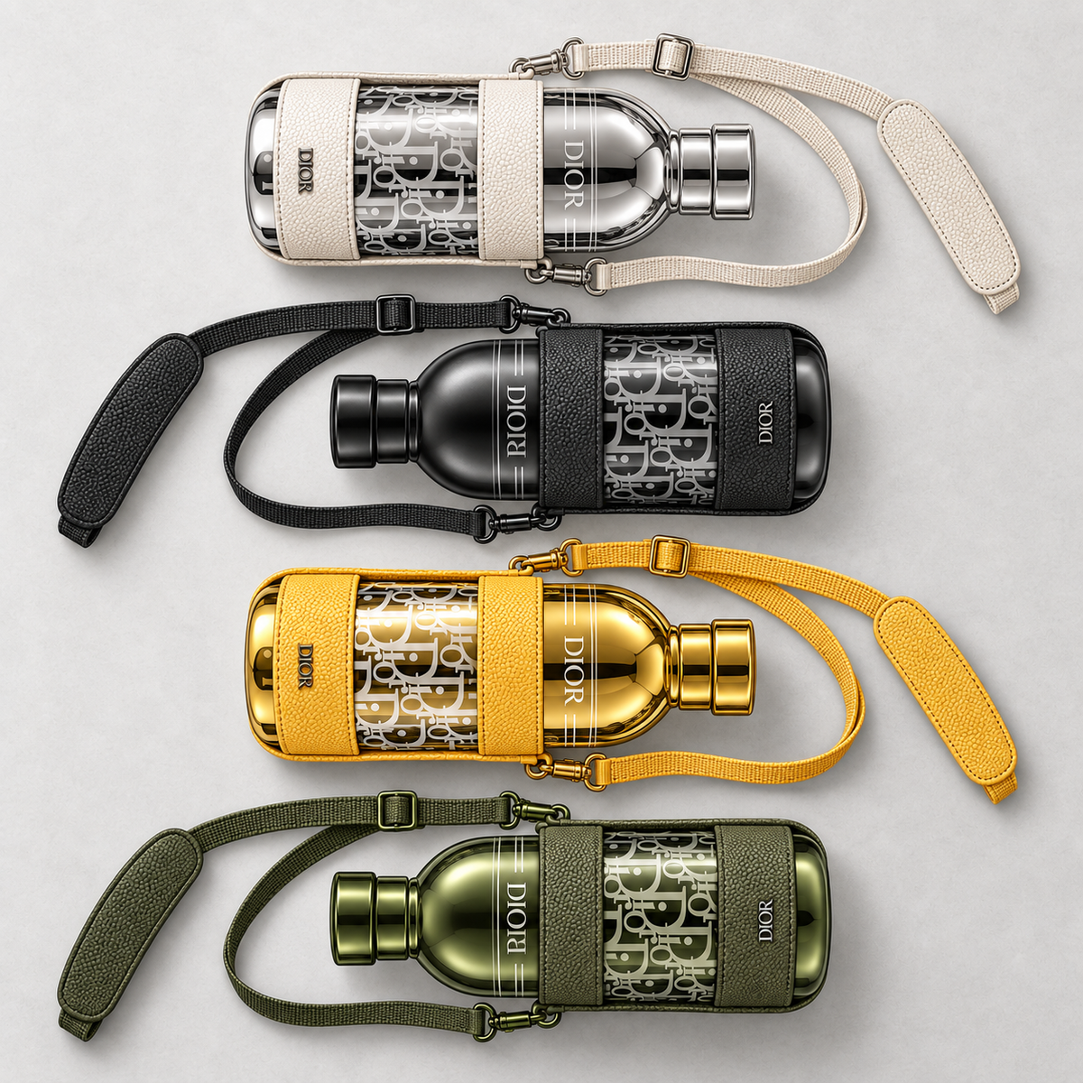 Top-down alternating flat lay of all four Dior Aqua bottle colors