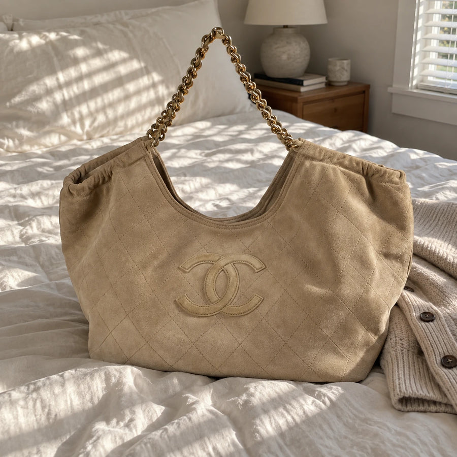 Bolsa hobo bege sobre cama