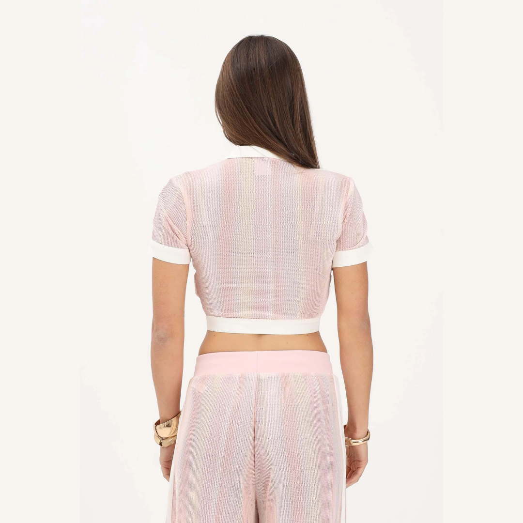 Cropped crochet polo shirt and Originals pants