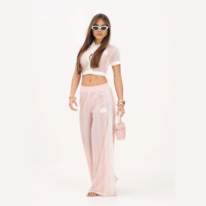 Cropped crochet polo shirt and Originals pants