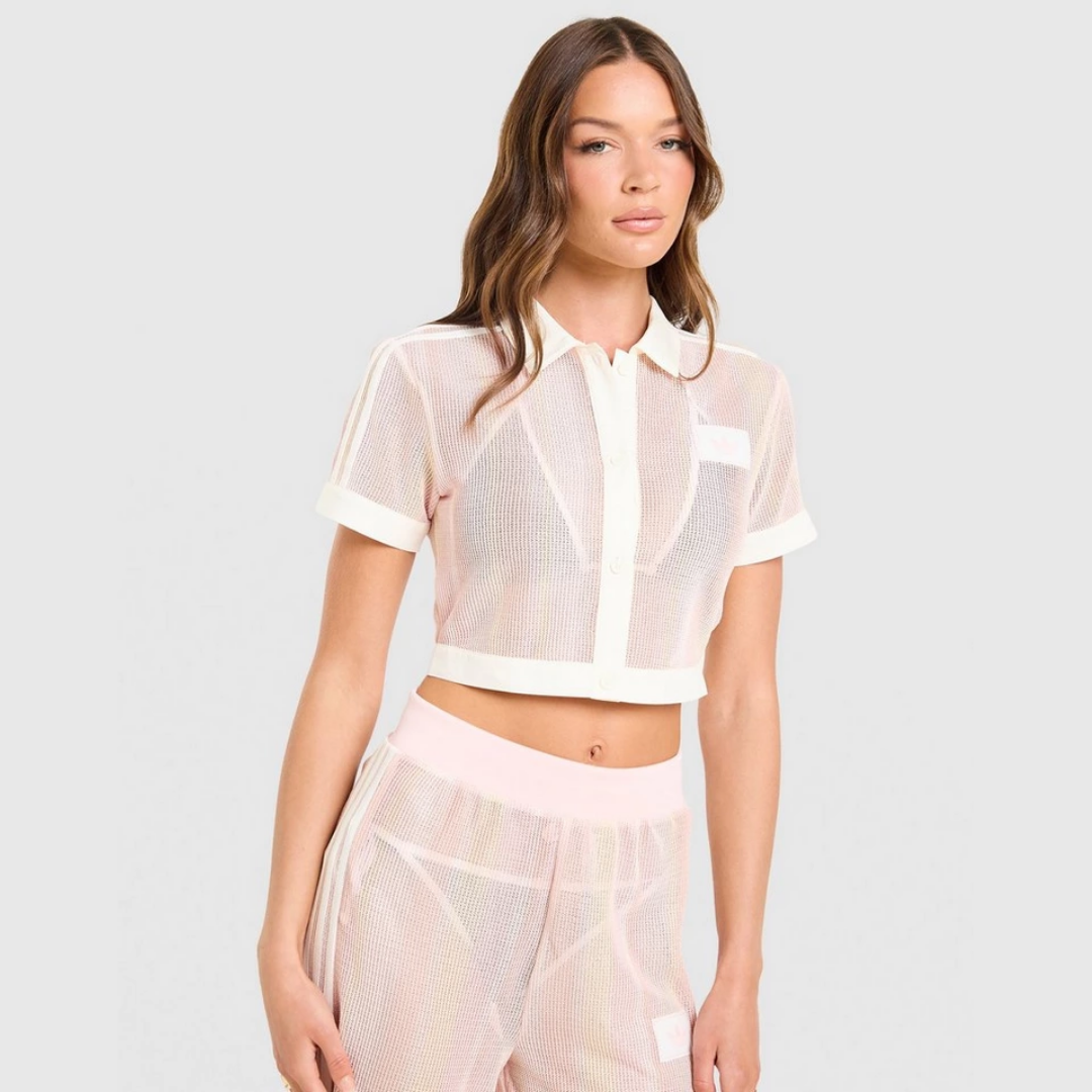 Cropped crochet polo shirt and Originals pants