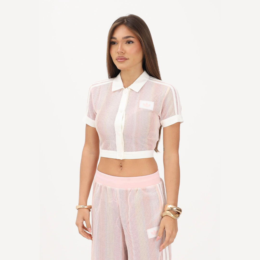 Cropped crochet polo shirt and Originals pants