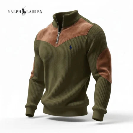 Modern Ribbed Knit Zip Sweater with Suede Accents