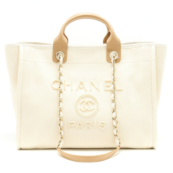 CHANEL DEAUVILLE TOTE BAG IN CREAMY WHITE/ BEIGE GHW