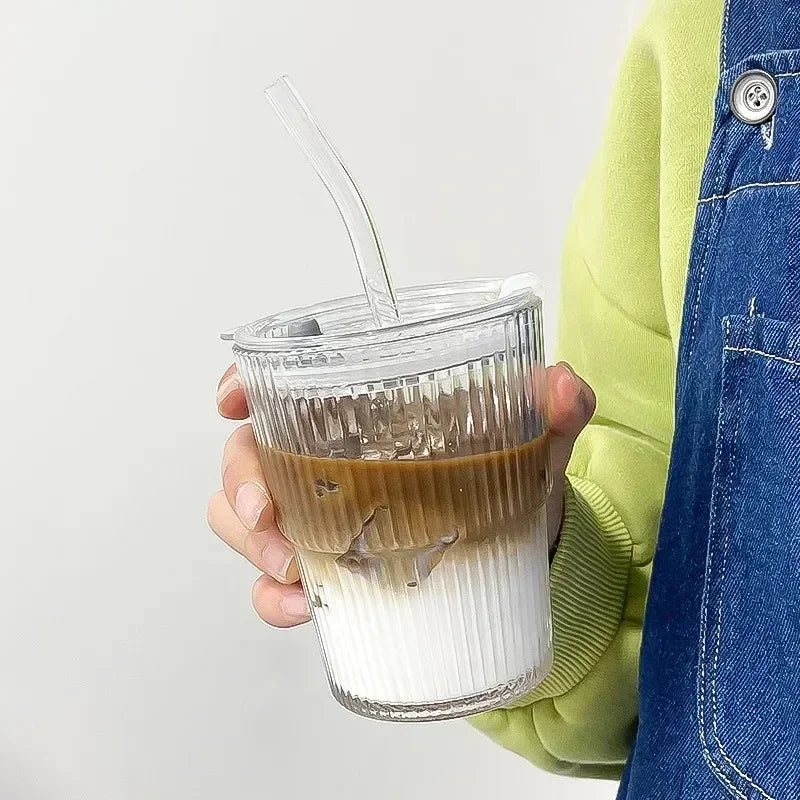 1pc 400ml Stripe Glass with Lid/Straw