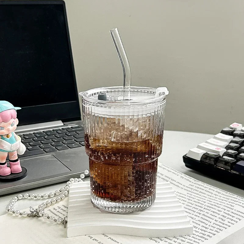 1pc 400ml Stripe Glass with Lid/Straw