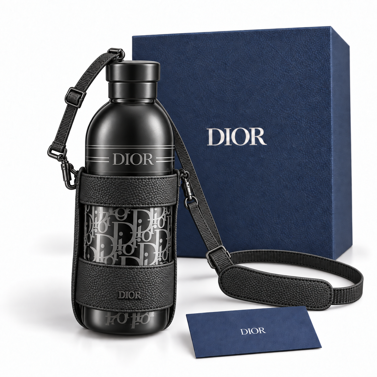 Black Dior Aqua bottle set with navy box and blue Dior card on white