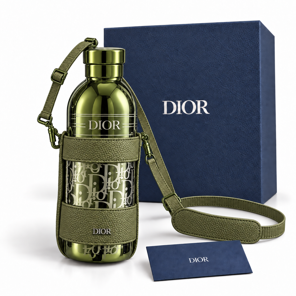 Olive green Dior Aqua bottle set with navy box and blue Dior card on white