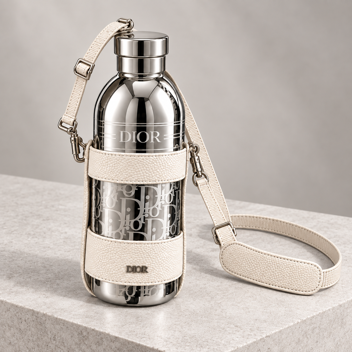Silver Dior Aqua bottle from a front-right angle
