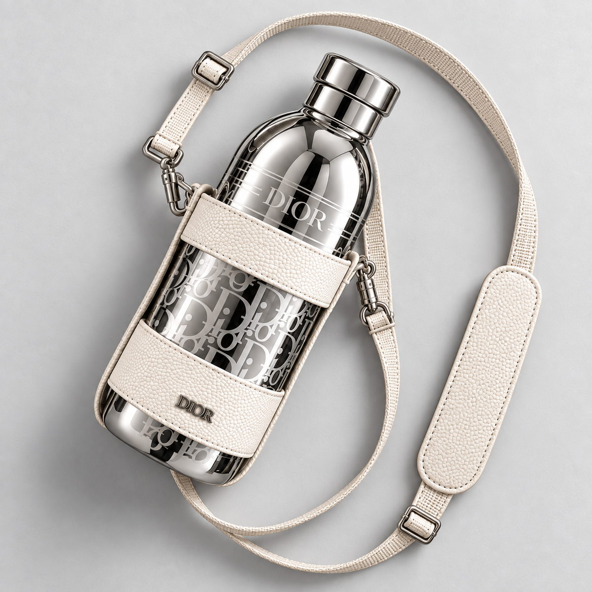 Top-down view of the silver Dior Aqua bottle and shoulder strap