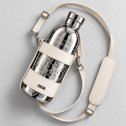 Top-down view of the silver Dior Aqua bottle and shoulder strap