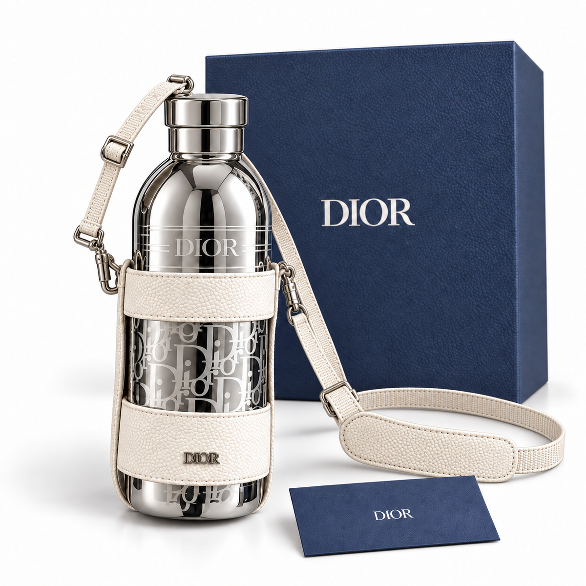 Silver Dior Aqua bottle set with navy box and blue Dior card on white