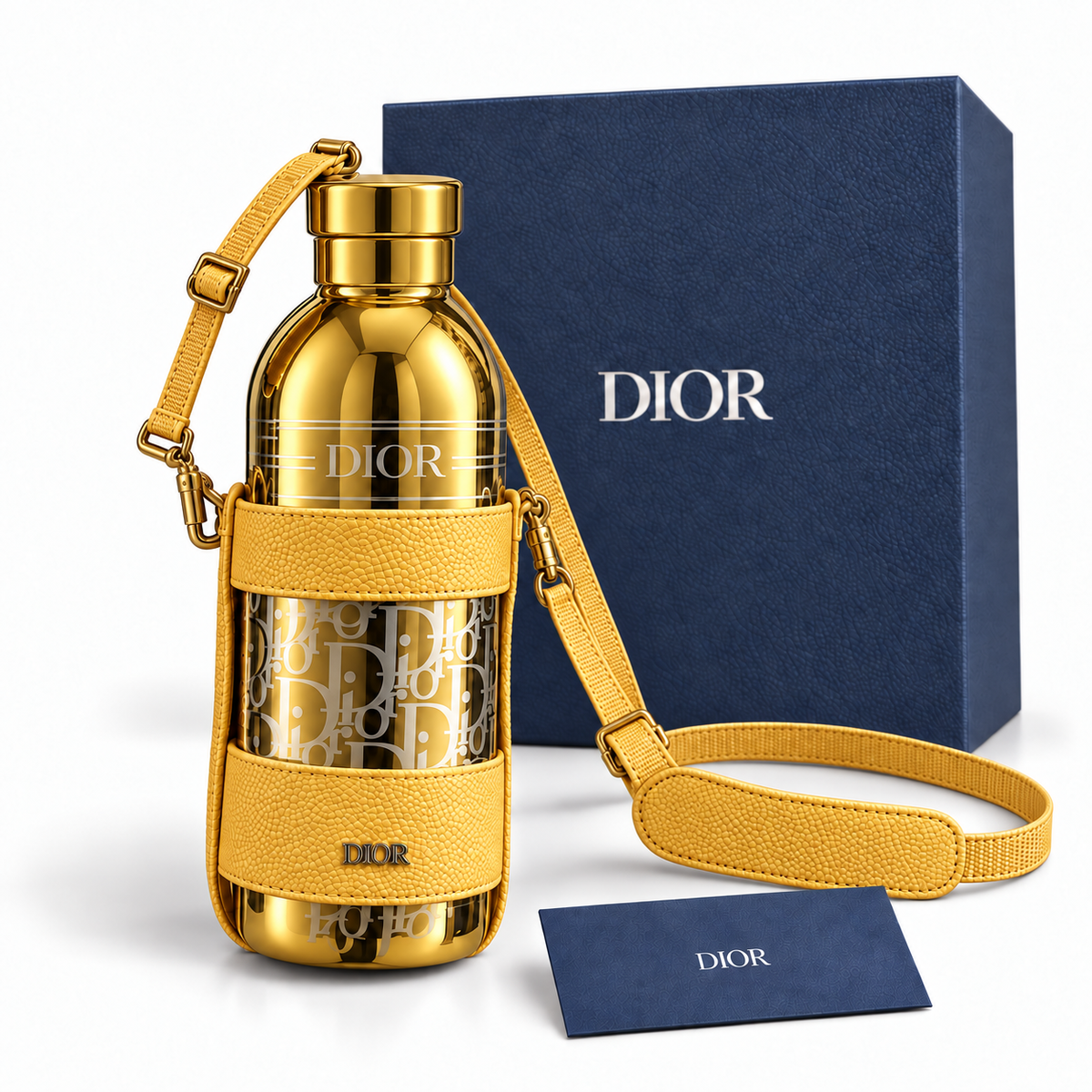 Yellow gold Dior Aqua bottle set with navy box and blue Dior card on white