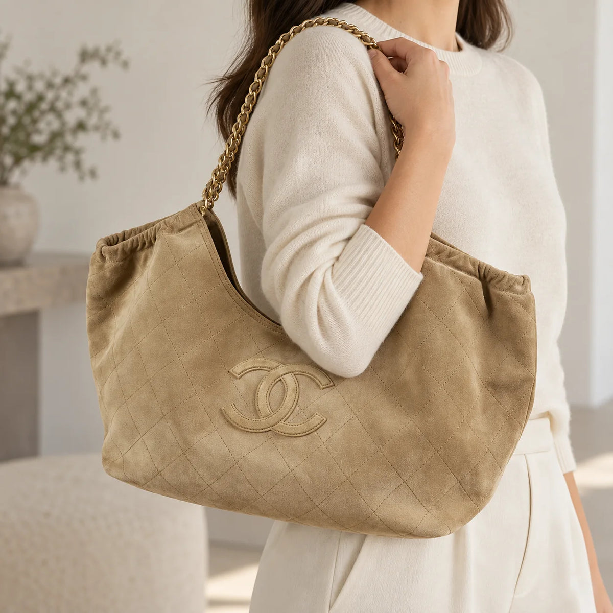 Woman holding beige quilted hobo shoulder bag with gold-tone chain